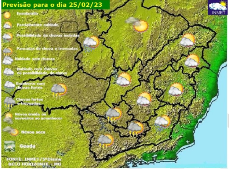 Previsão do tempo para Minas Gerais neste sábado, 25 de fevereiro
