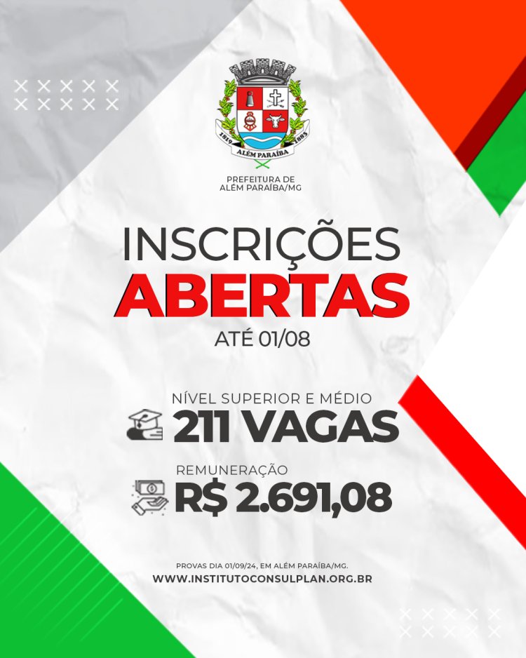 Abertas as inscrições para o Concurso Público da Prefeitura de Além Paraíba/MG